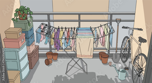 An apartment balcony filled with laundry drying on a rack, boxes, and a bicycle