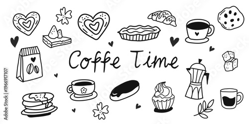 Cute coffee and dessert doodle line art vector. Hand-drawn cozy cafe illustration for stickers, menus, cards, and sweet bakery designs.