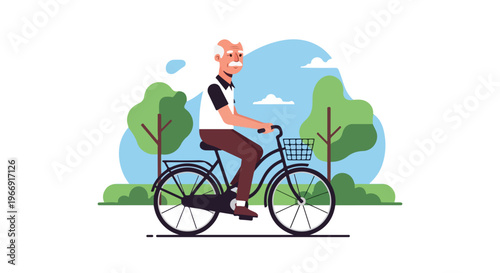 A happy elderly man with a white mustache riding a bicycle through a park area