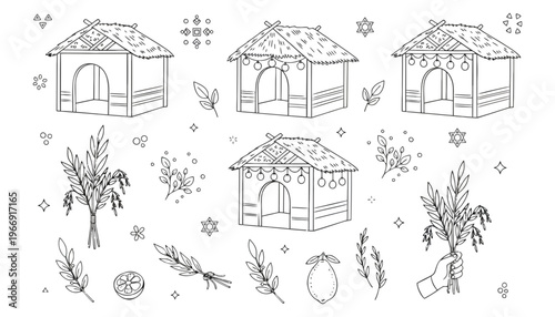 A sukkah illustration with various Jewish symbols and objects around it