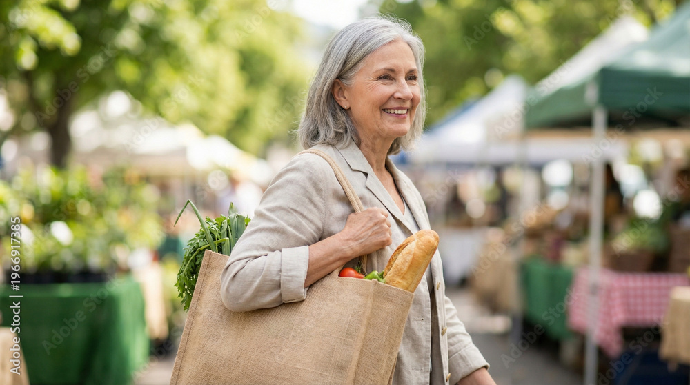Fototapeta premium Senior woman with eco shopping bag smiling at farmers market 