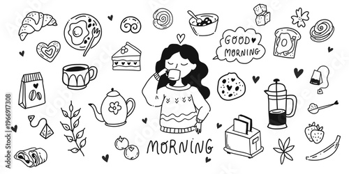 Cute girl and coffee, desserts and bakery doodle line art vector. Hand-drawn cozy cafe illustration for stickers, menus, cards, and sweet designs.