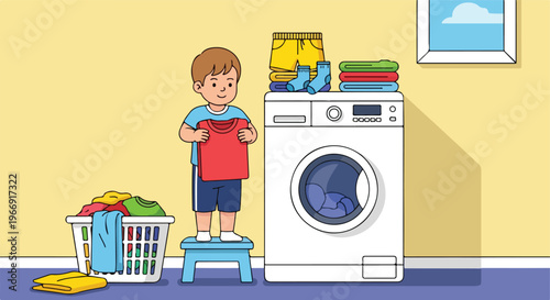 A young boy stands on a small stool to fold laundry next to a washing machine
