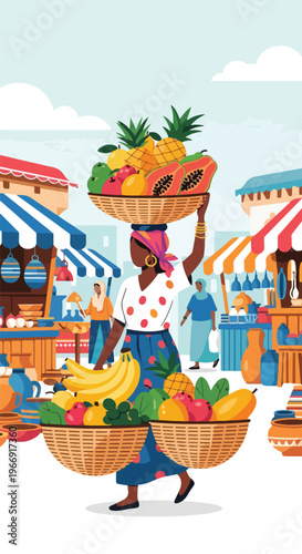 A woman carries baskets of fresh fruit at a vibrant and busy outdoor street mart
