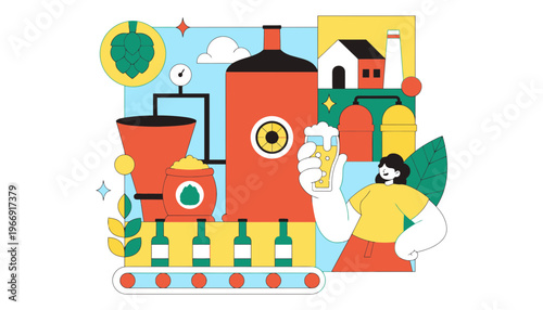 Brewery colorful illustration with a worker holding a beer glass