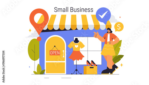 A small business owner standing outside a colorful storefront with an open sign