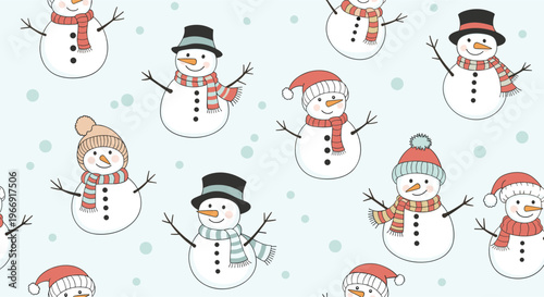 Adorable seamless winter pattern featuring various cute snowmen wearing colorful scarves and hats on a soft blue snowy background.