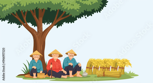 Three elderly farmers resting under a large tree next to harvested rice sheaves