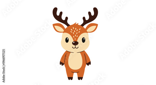 Sweet cartoon deer with antlers and spots standing in a front view position isolated on a clean white background for children design.