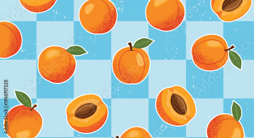 Fresh fruit pattern featuring whole and halved peaches with green leaves arranged over a classic light blue and white checkered background.