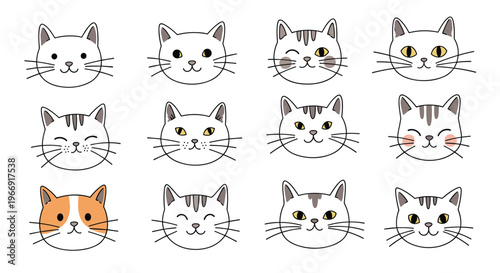 Diverse collection of cat head illustrations showing twelve different facial expressions and markings in a cute and simple cartoon style.