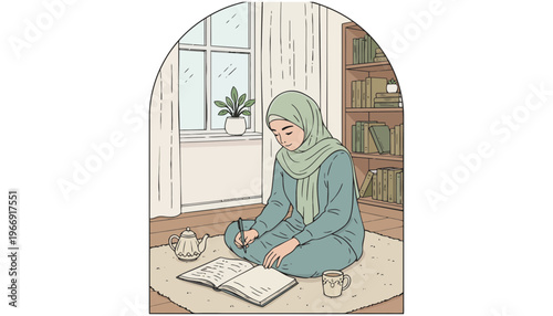 A woman wearing a hijab sits cross-legged on a rug reading a book