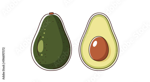 Detailed vector illustration of a whole dark green avocado beside a bright half showing the seed and creamy flesh on white background.