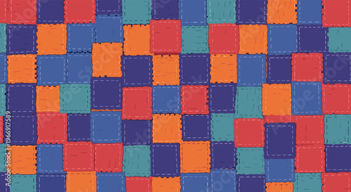 Vibrant seamless patchwork pattern composed of colorful fabric squares with visible white stitching in a rustic quilt style design.