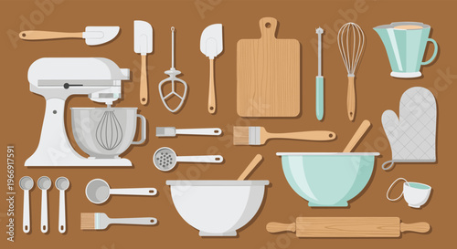 Comprehensive collection of kitchen baking tools including a stand mixer bowls rolling pin and utensils arranged on a warm brown background.