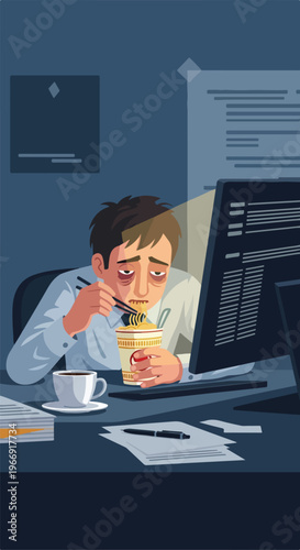 An exhausted office worker eats instant noodles at a desk late at night alone