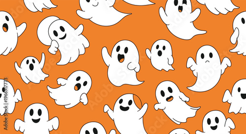 Fun Halloween seamless pattern featuring cute white cartoon ghosts with various expressions flying on a bright orange background.