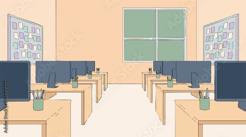 Contemporary Office Interior with Desks, Monitors, and Bulletin Boards