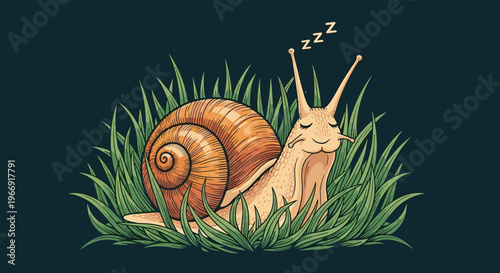 Peaceful illustration of a cute snail with its eyes closed sleeping soundly nestled among tall green blades of grass.