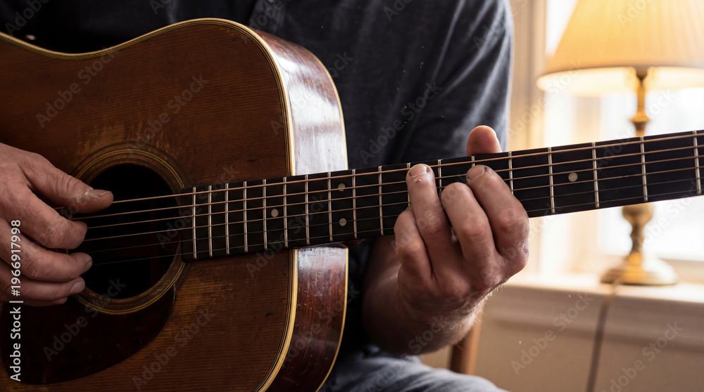 Fototapeta premium Man playing guitar in camper van