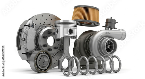 High performance car engine maintenance components set including turbocharger piston brake rotor and oil filter