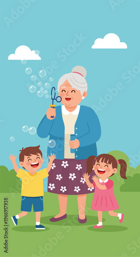 A joyful grandmother blows bubbles for her happy grandchildren in a green park