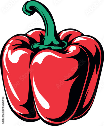 Red bell pepper vector illustration with shiny highlights and green stem on dark outline.