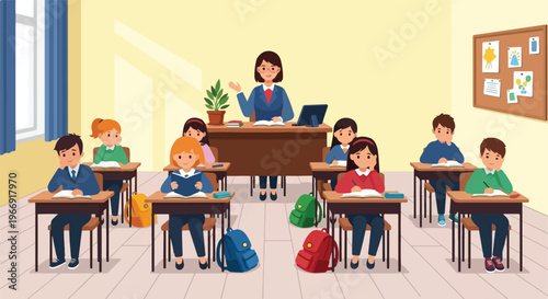 A teacher conducts a class with elementary school students sitting at their desks