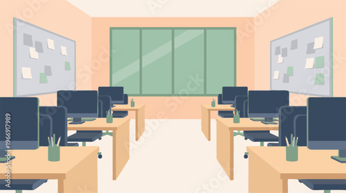 Empty modern computer lab classroom with desks, monitors, and whiteboards