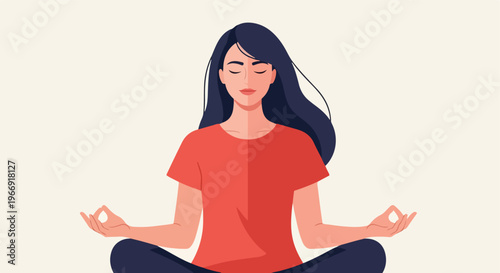 A calm young woman with long dark hair sits in a meditative lotus pose indoors