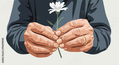 An illustration of aged hands delicately holding a single white flower blossom