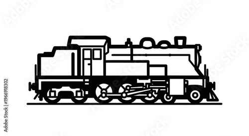Black-and-white illustration of a vintage steam engine train with detailed boiler and wheels on plain background.