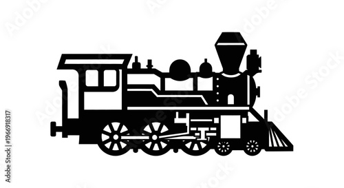 Black-and-white silhouette of retro steam train with detailed illustration of tracks, wheels, and smokestack.