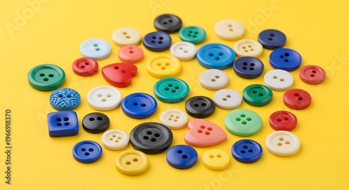 A collection of assorted colorful plastic buttons of various shapes and sizes on a bright yellow background for sewing or crafting  buttons