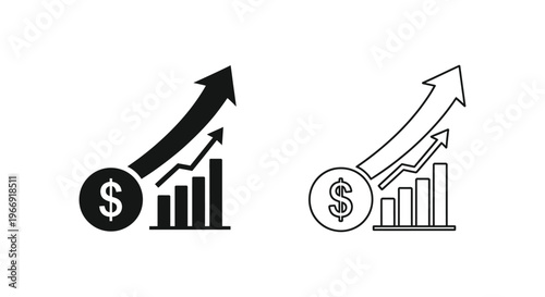 a black and white icon of a dollar coin with a bar graph and arrows Vector