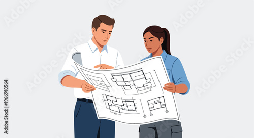 A man and a woman in professional attire reviewing architectural floor plans