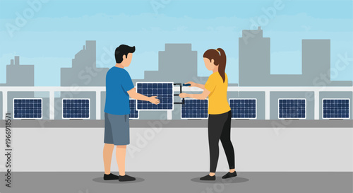 Two people installing small solar panel modules on a city rooftop during the day
