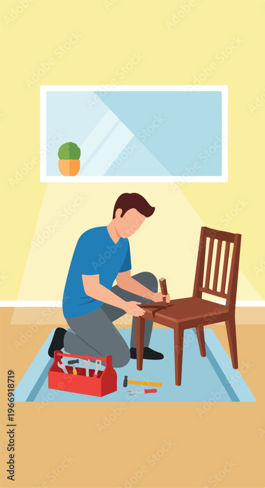 Fototapeta premium A man kneeling on a rug repairs a broken wooden chair with various hand tools
