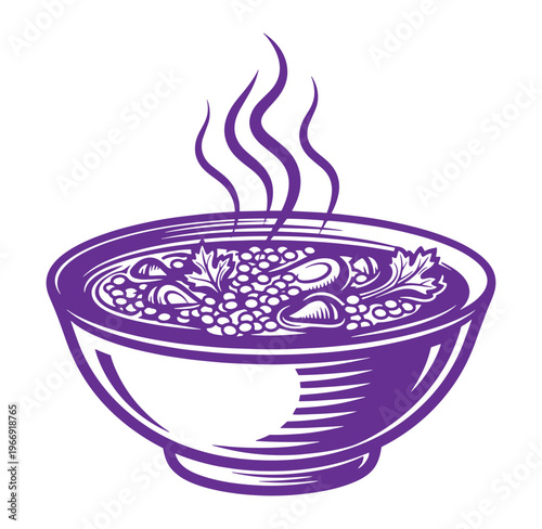 Purple bowl of soup with steam rising from it filled with beans and vegetables in a bowl