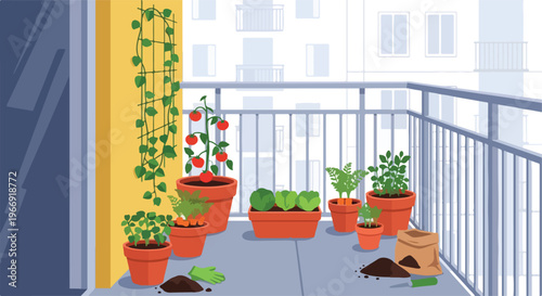A small urban apartment balcony garden featuring potted vegetables and greenery