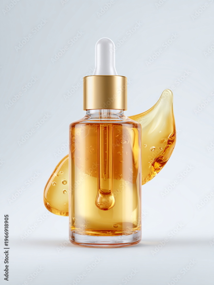 Naklejka premium Elegant glass dropper bottle filled with golden serum, highlighting luxury skincare and beauty treatment concepts