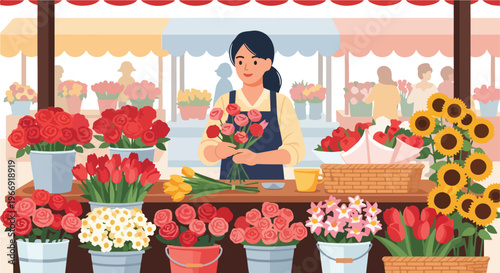 A female vendor in an apron stands behind a table arranging fresh floral bouquets