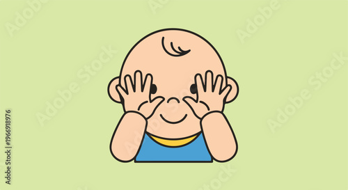 A simple vector illustration of a happy baby covering their face with both hands
