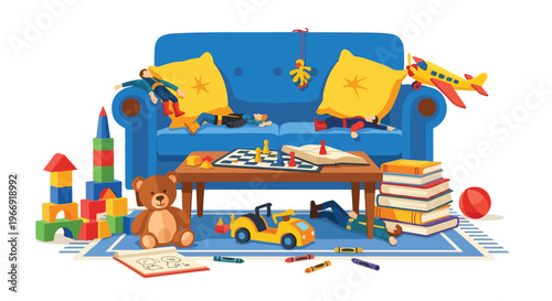 A blue living room sofa covered in toys, dolls, a board game, and scattered books