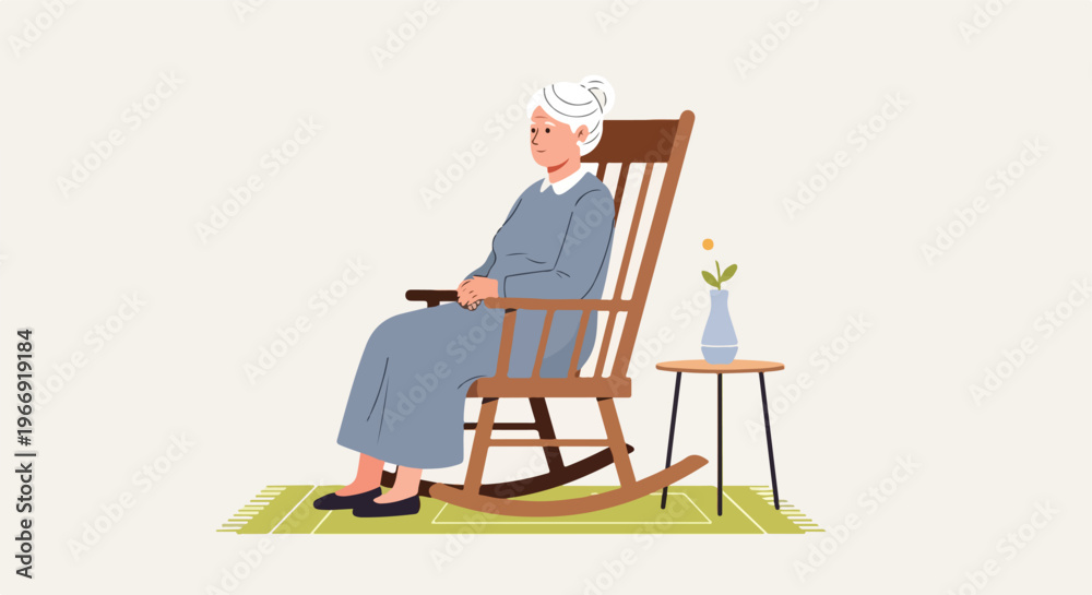 Fototapeta premium An elderly woman with white hair sitting peacefully in a brown wooden chair