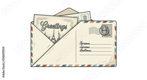 Vintage Postcard with Eiffel Tower and "Greetings" text in an envelope, Paris travel concept