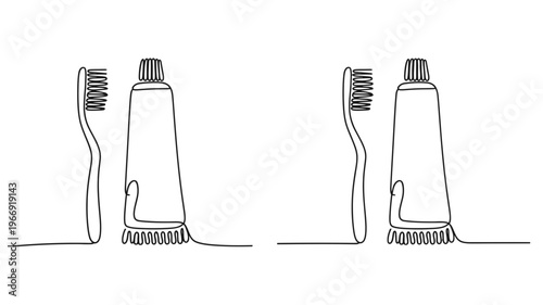 An unbroken continuous line art illustration showing a toothbrush and a toothpaste tube side-by-side.