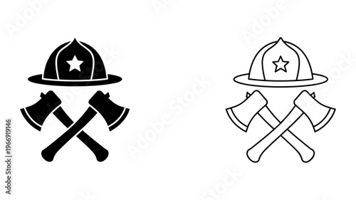 A pair of firefighter emblems, one solid black and the other an outline, featuring helmet and crossed axes.