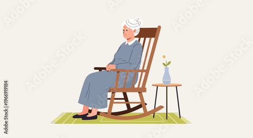 An elderly woman with white hair sitting peacefully in a brown wooden chair
