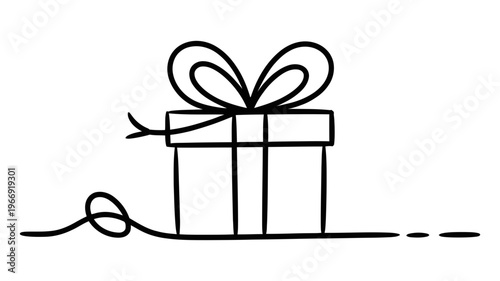 A continuous one-line drawing of a gift box featuring a bow and a decorative knotted base.